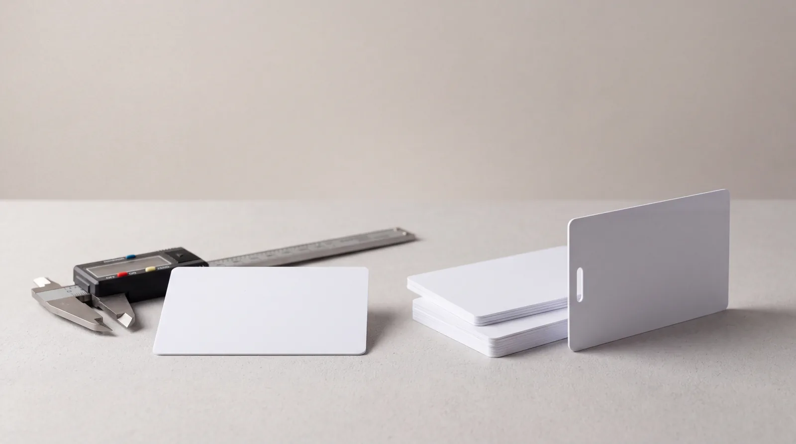 A blank white card lying flat beside a digital caliper and a steel rule, with a stack of blank cards and a card standing on edge showing a punched slot