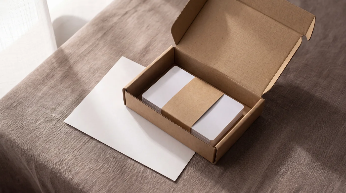 An open unmarked cardboard box of blank white cards next to a blank packing list, with no label or branding anywhere