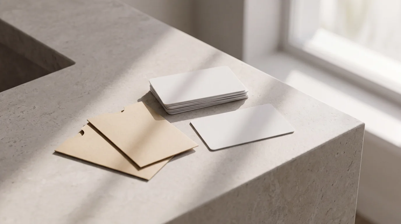 A small stack of blank white key cards and plain paper sleeves on a pale stone reception desk, with one card set apart