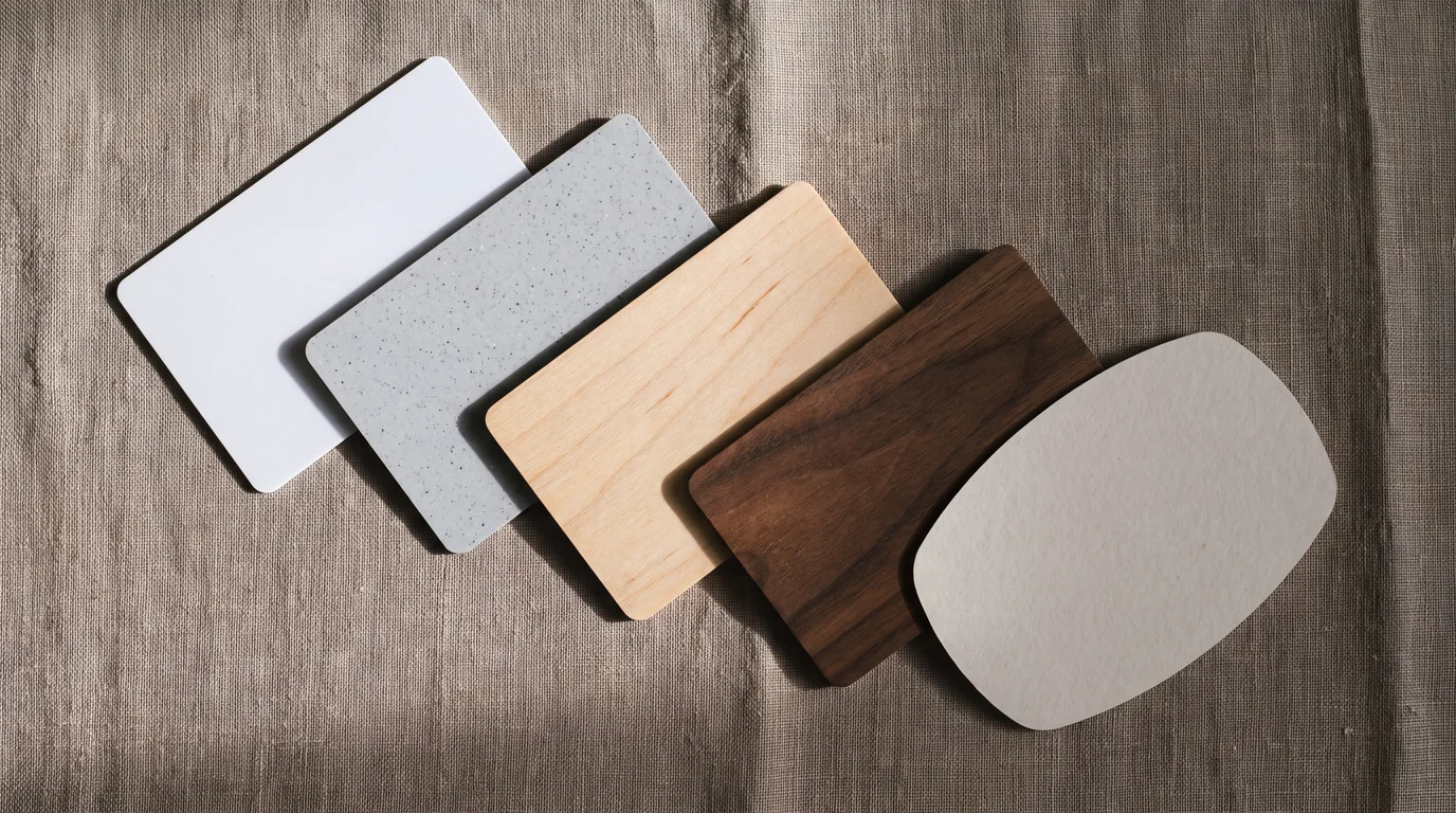Five blank cards in different materials, white PVC, recycled PVC, basswood, walnut and one cut to a custom shape, overlapping in a diagonal row