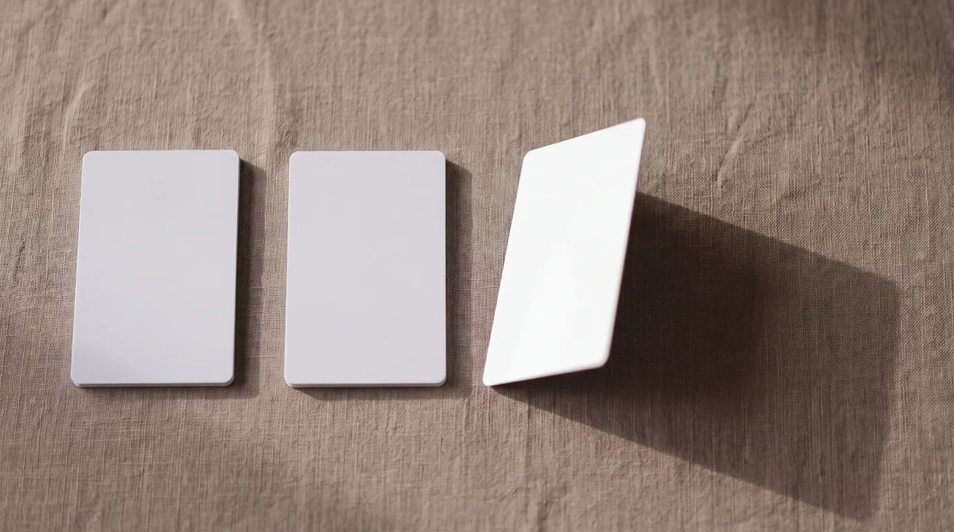 Three identical blank white cards in a row on a taupe surface, one lifted on its edge, showing how alike competing samples can look
