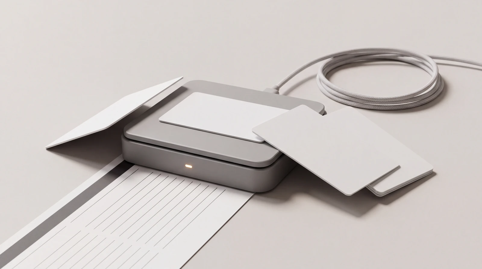 A matte grey desktop card reader with a white card lying on it, two more cards stacked beside it, a folded white sheet to its left and a braided cable coiled behind, over a printed ruled sheet