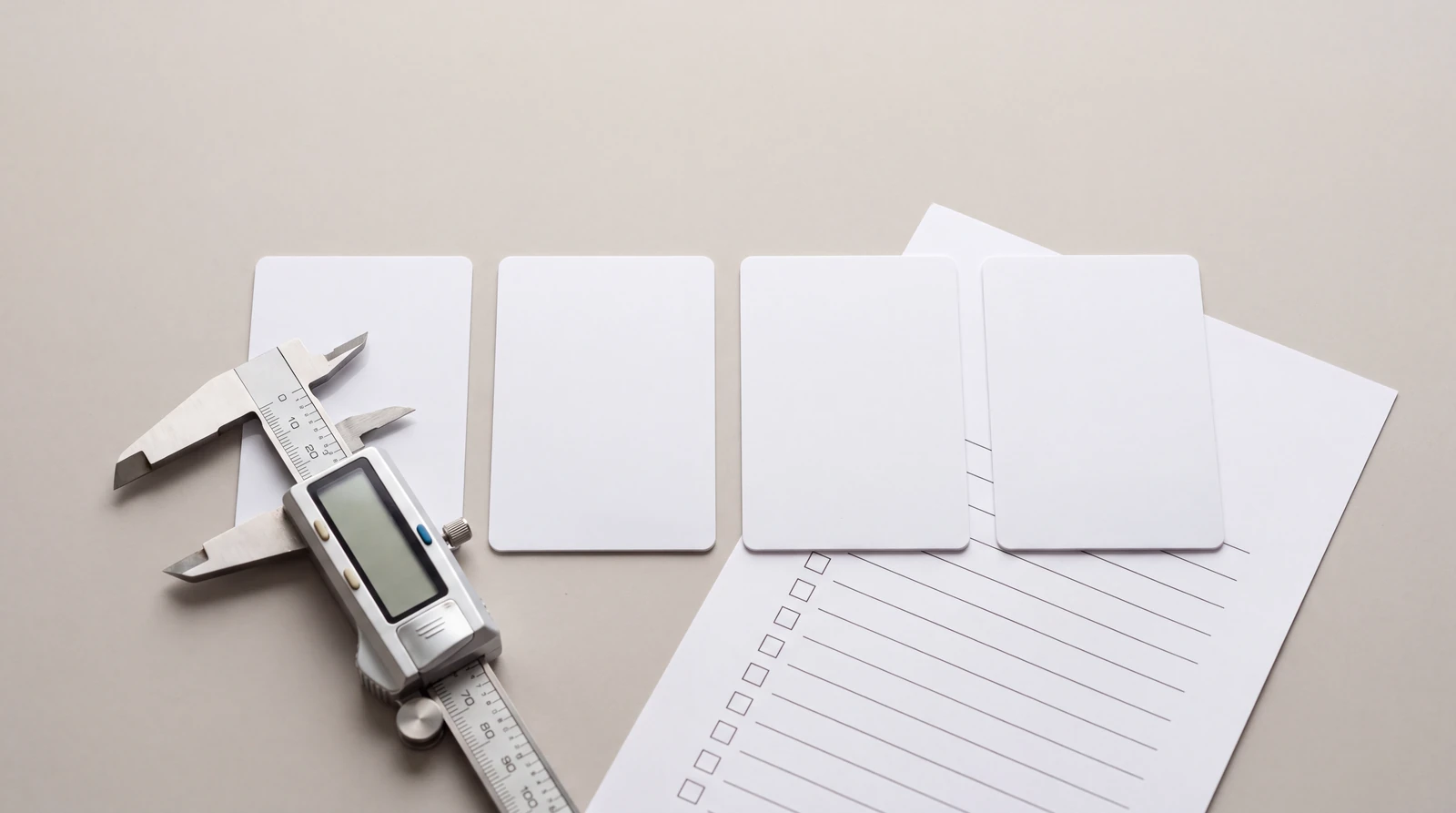 Four blank white cards with rounded corners laid out in a row, a digital caliper resting across the first, over a printed page of ruled lines and empty tick boxes