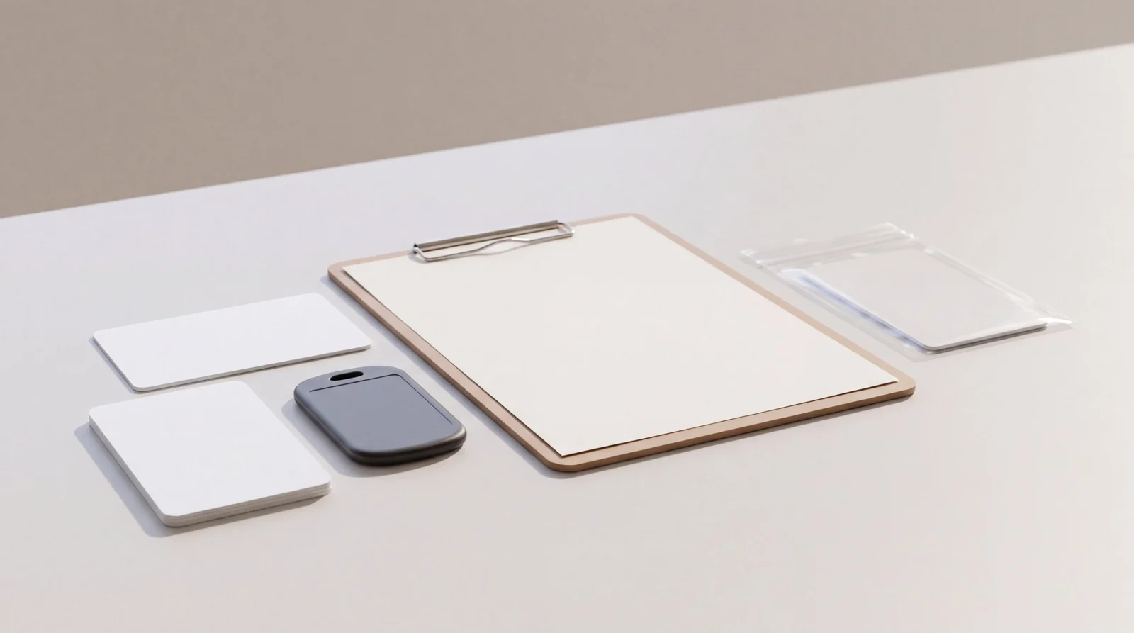 Two stacks of blank white cards, a dark grey RFID key fob, a clipboard holding a blank sheet and a blank card sealed in a clear polybag, on a pale grey surface
