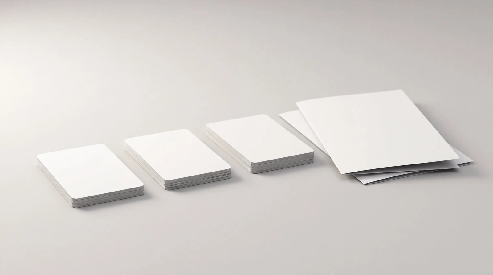 Three stacks of blank white cards of different thicknesses in a row on a pale grey surface, next to a fan of blank white sheets