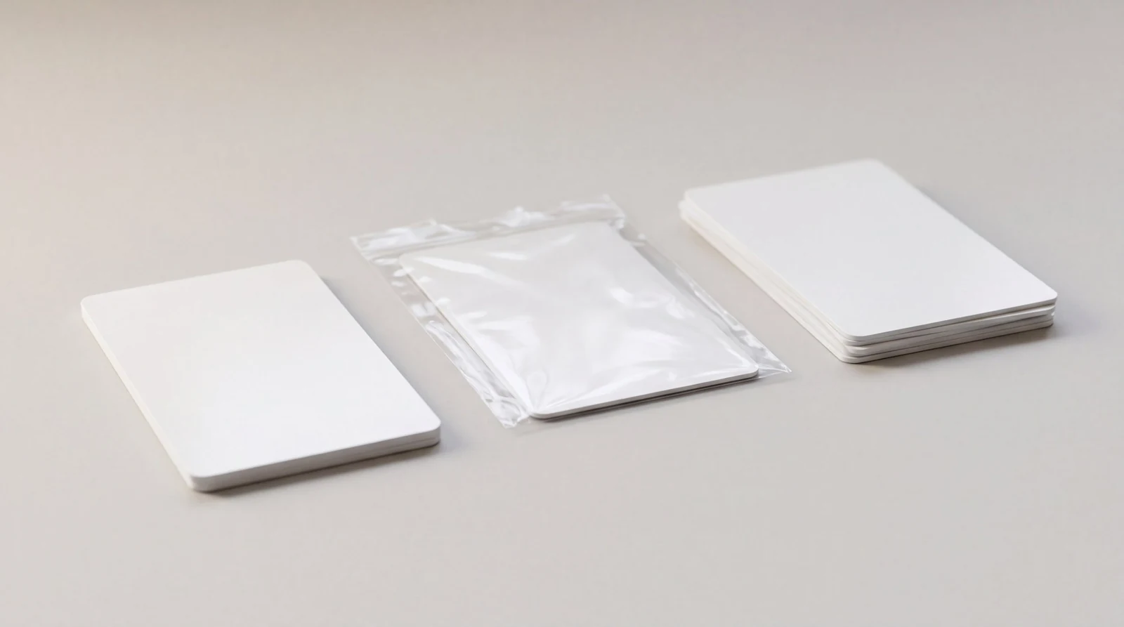 Three groups of blank white cards in a row on a pale grey surface: a stack of cards on the left, one card sealed in a clear polybag in the middle, and a fanned stack of several cards on the right