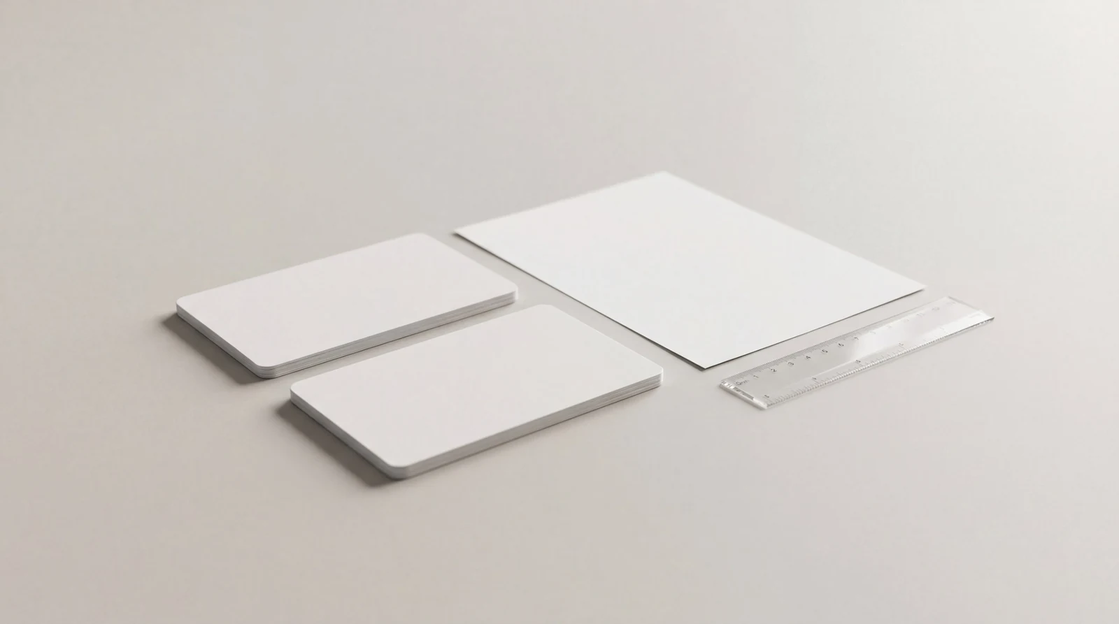 Two stacks of blank white plastic cards with rounded corners on a pale grey surface, beside a blank sheet of paper and a small clear plastic ruler