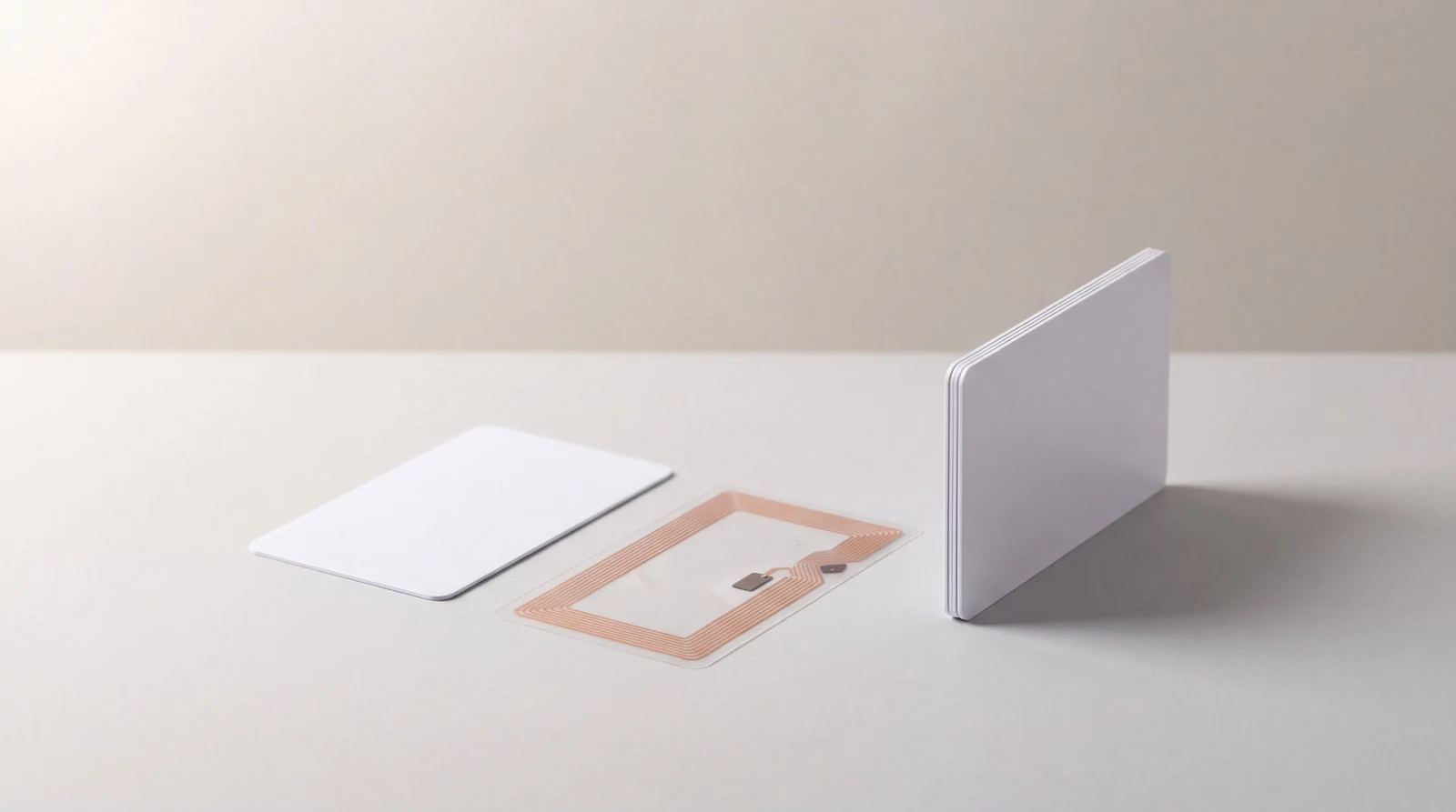One blank white plastic card lying flat on a pale grey surface, a thin transparent RFID inlay with a copper antenna coil and a small dark chip, and a stack of blank white cards standing on its edge showing the layered thickness of the card body
