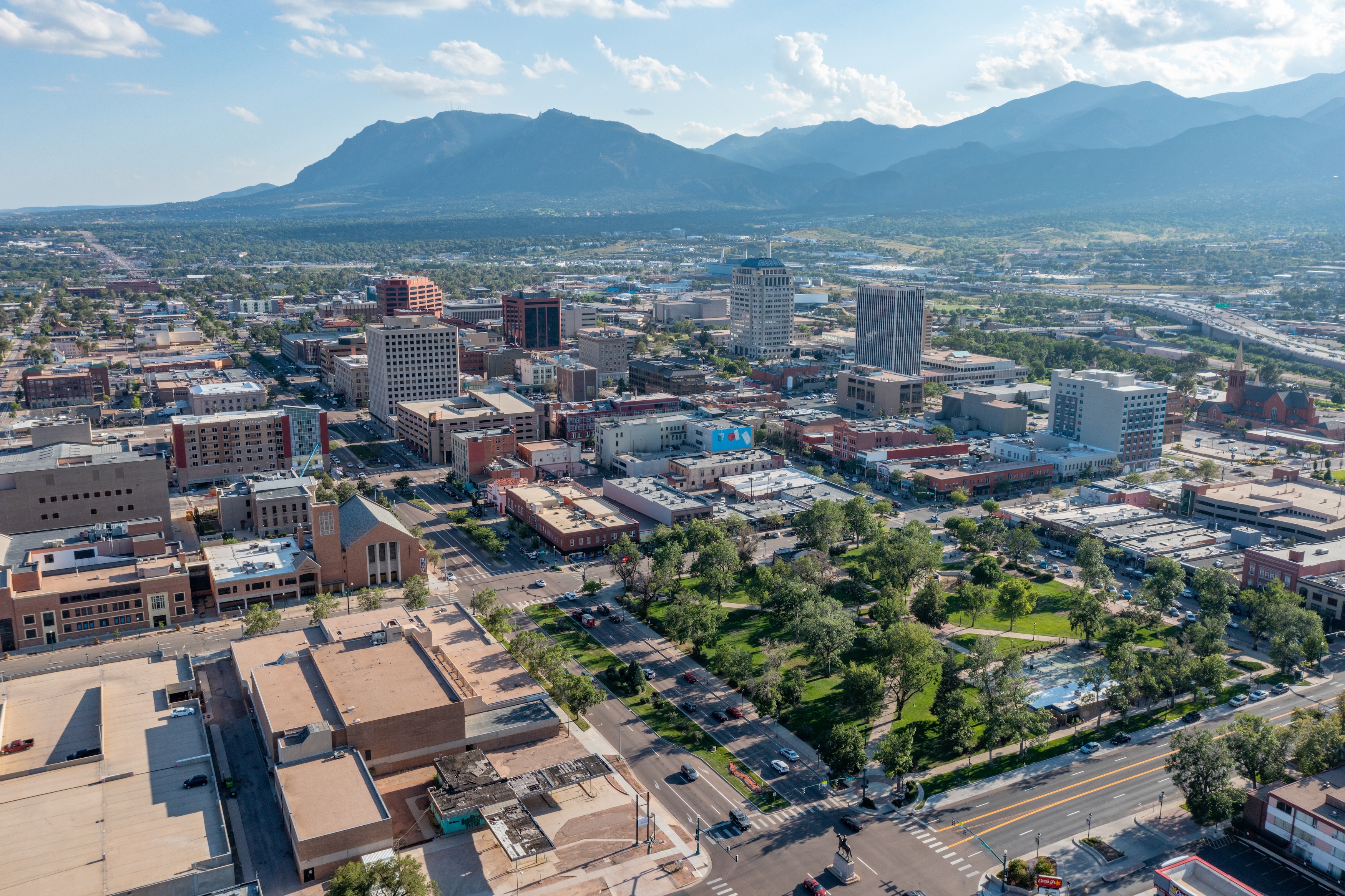 City and mountains stock image