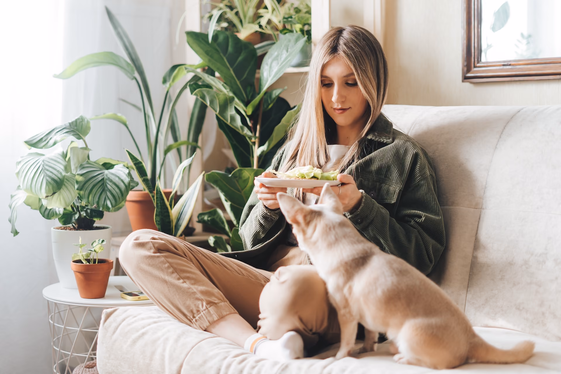 Girl with dog and food sitting on couch