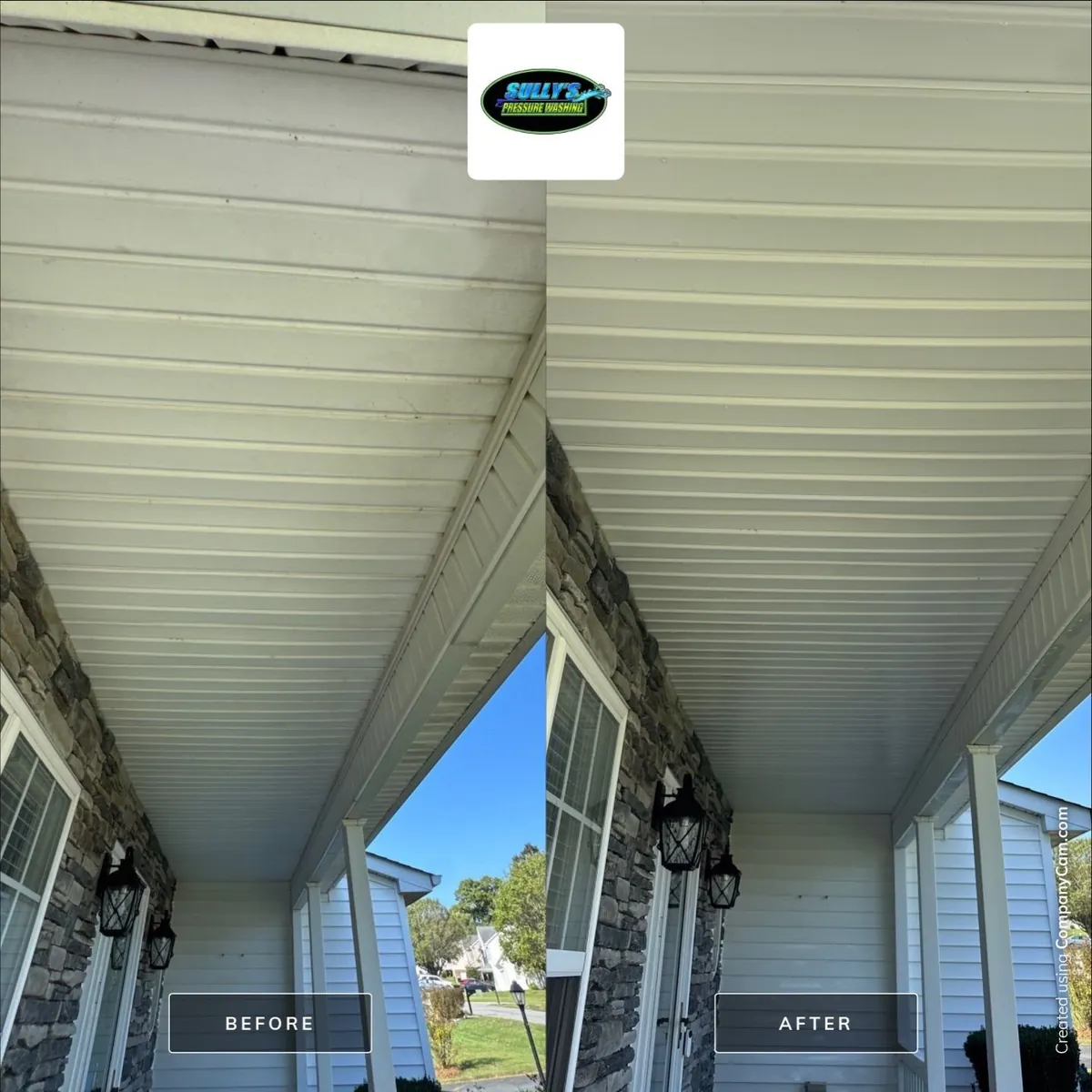 Before and after soffit and porch ceiling cleaning in Winston-Salem, NC