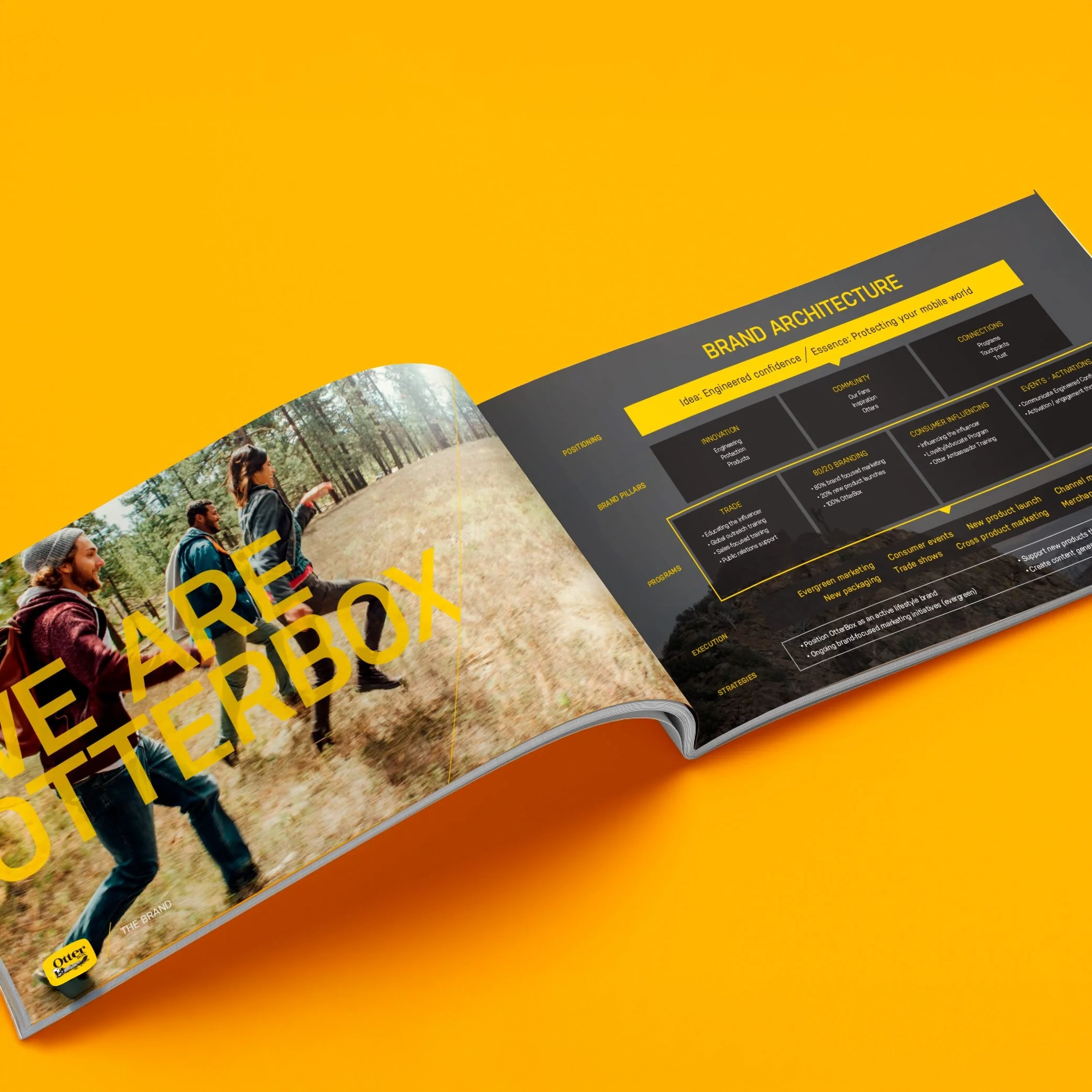 Open booklet on a yellow background showing a two-page spread: left page features a photo of three people walking outdoors in a forest with large yellow text saying 'WE ARE OTTERBOX'; right page displays a brand architecture chart with sections including positioning, brand pillars, community, trade, consumer influencing, events, and strategies.