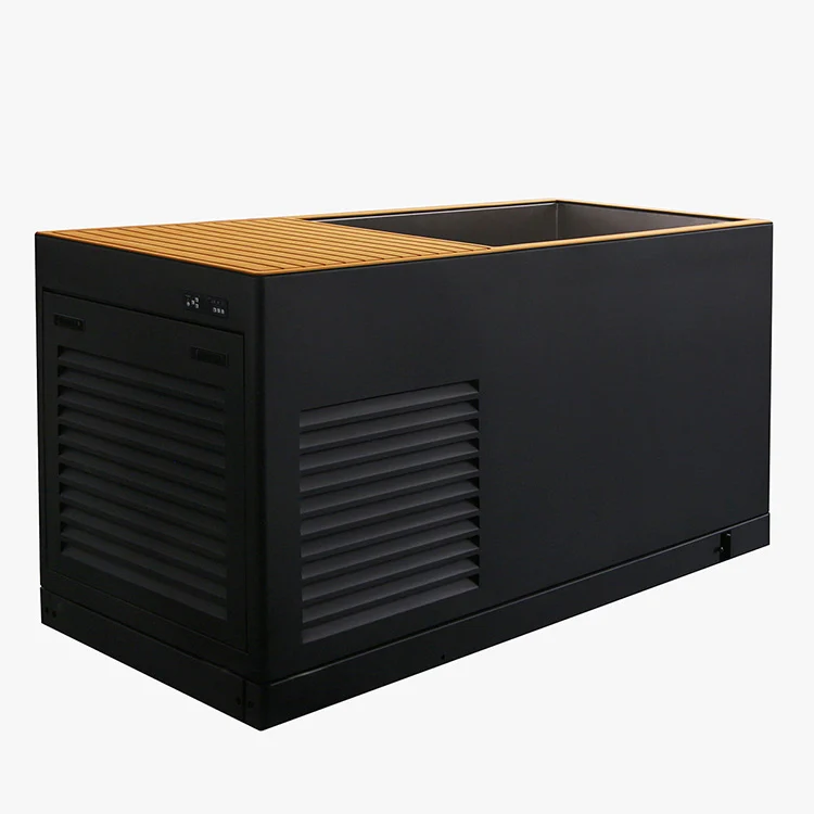 Black cold plunge tub with wood-accent top