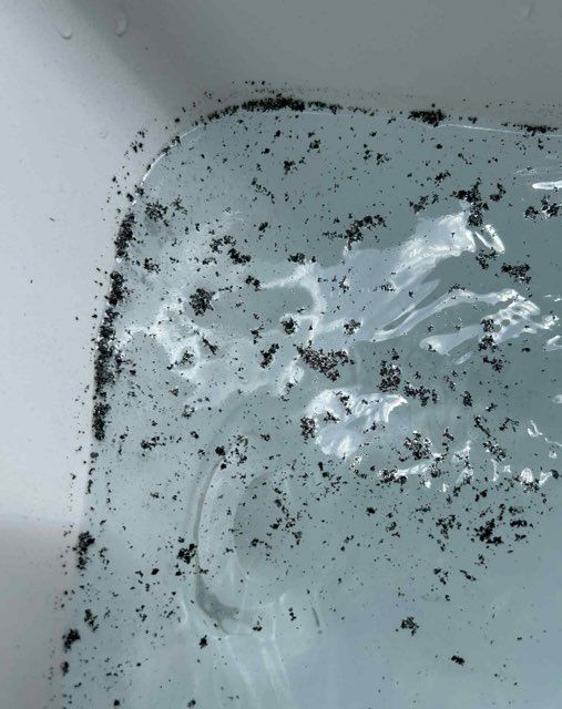 Black flakes and debris visible in a cold plunge tub before THE DEEP cleaning.