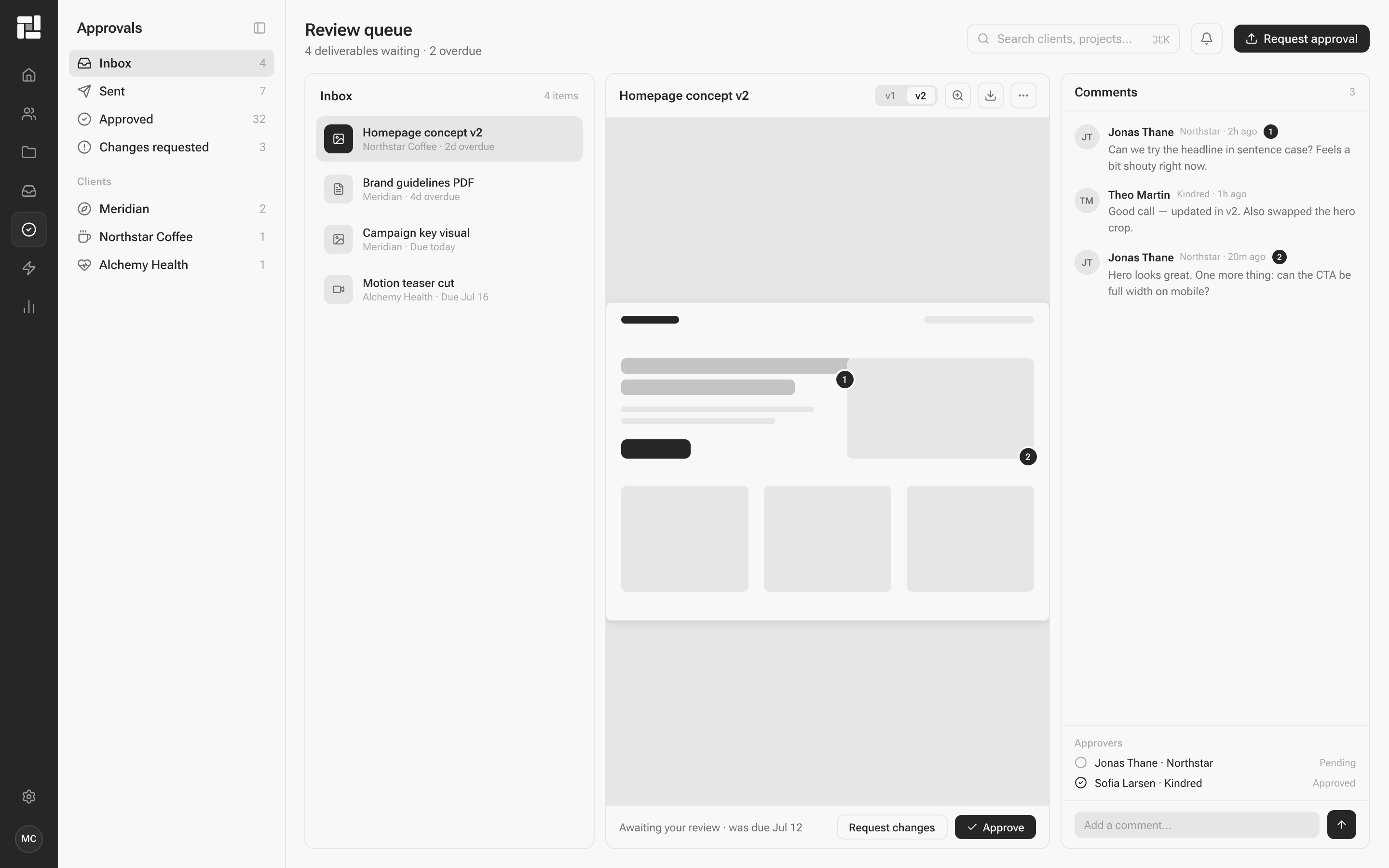 Client approvals screen in light mode.