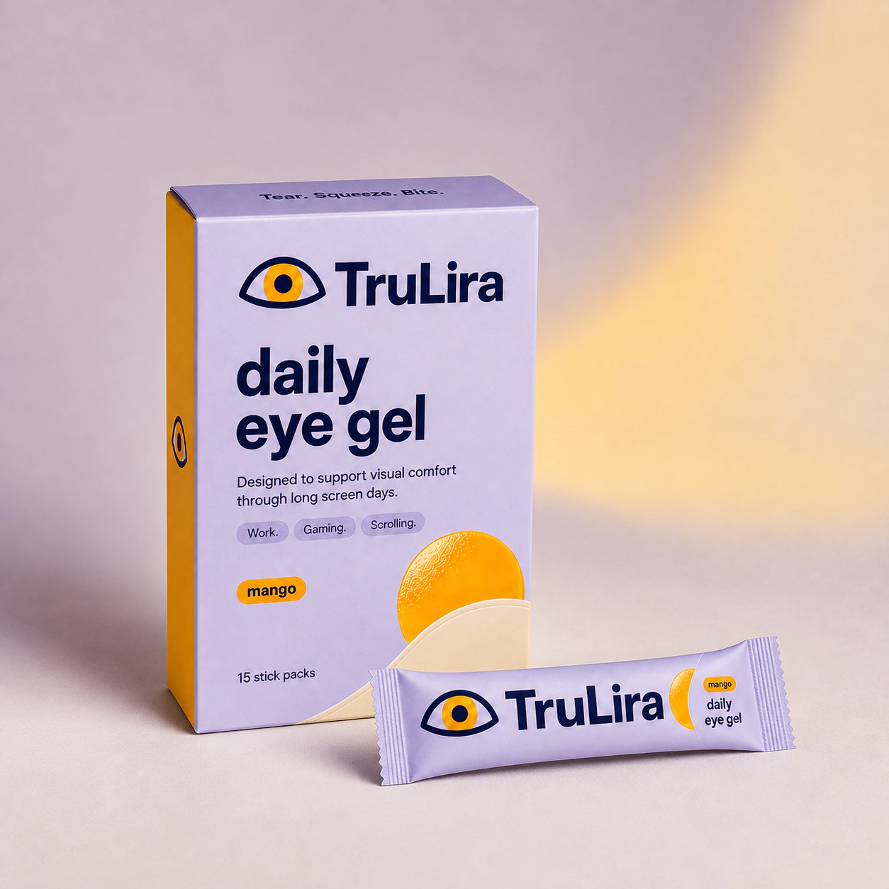 TruLira mango eye gel carton and daily stick pack.