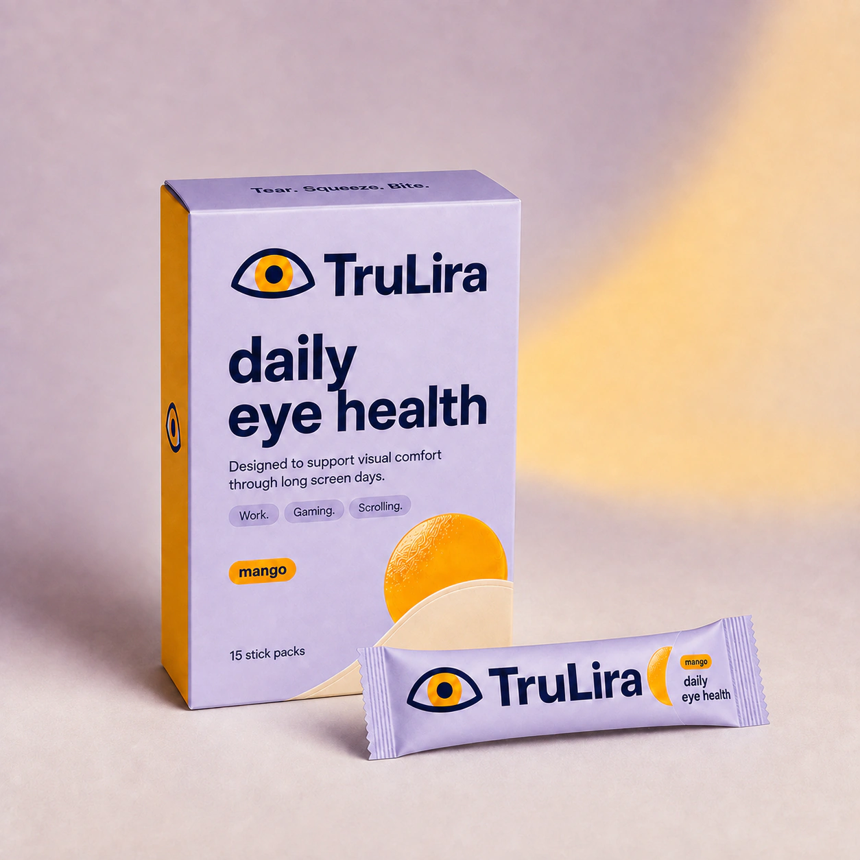 TruLira mango daily eye health carton and daily stick pack.