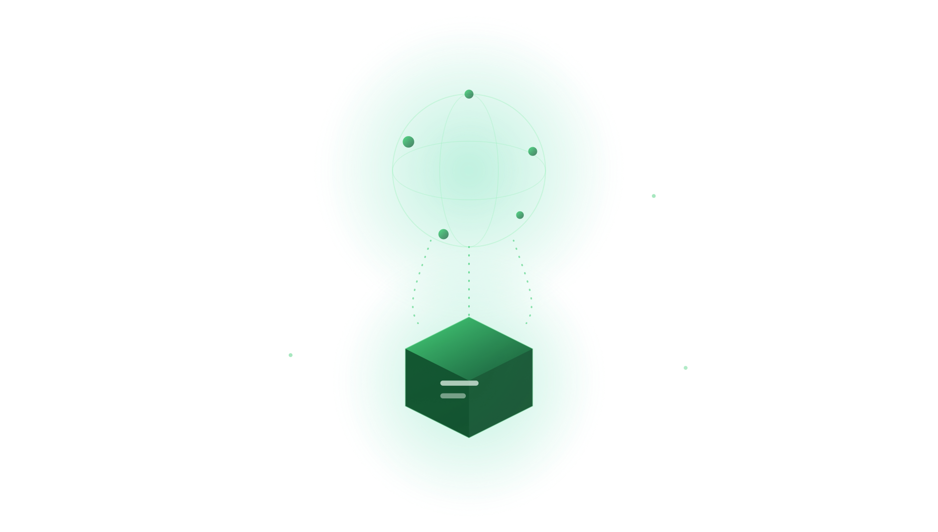 Illustration of a green 3D cube connected by dotted lines to a semi-transparent globe with four green spheres on it, symbolizing network or global connection.