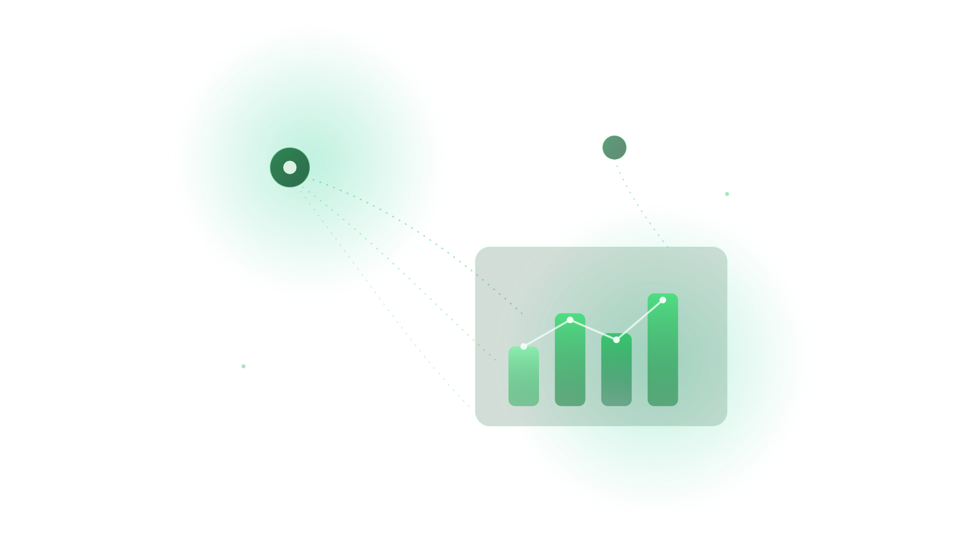 Abstract green data visualization with two large glowing circular elements connected by dotted lines to a central rectangular graph showing four vertical bars increasing in height from left to right with a white line chart overlay.