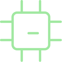 Simplified green icon of a computer chip or microprocessor with eight pins.