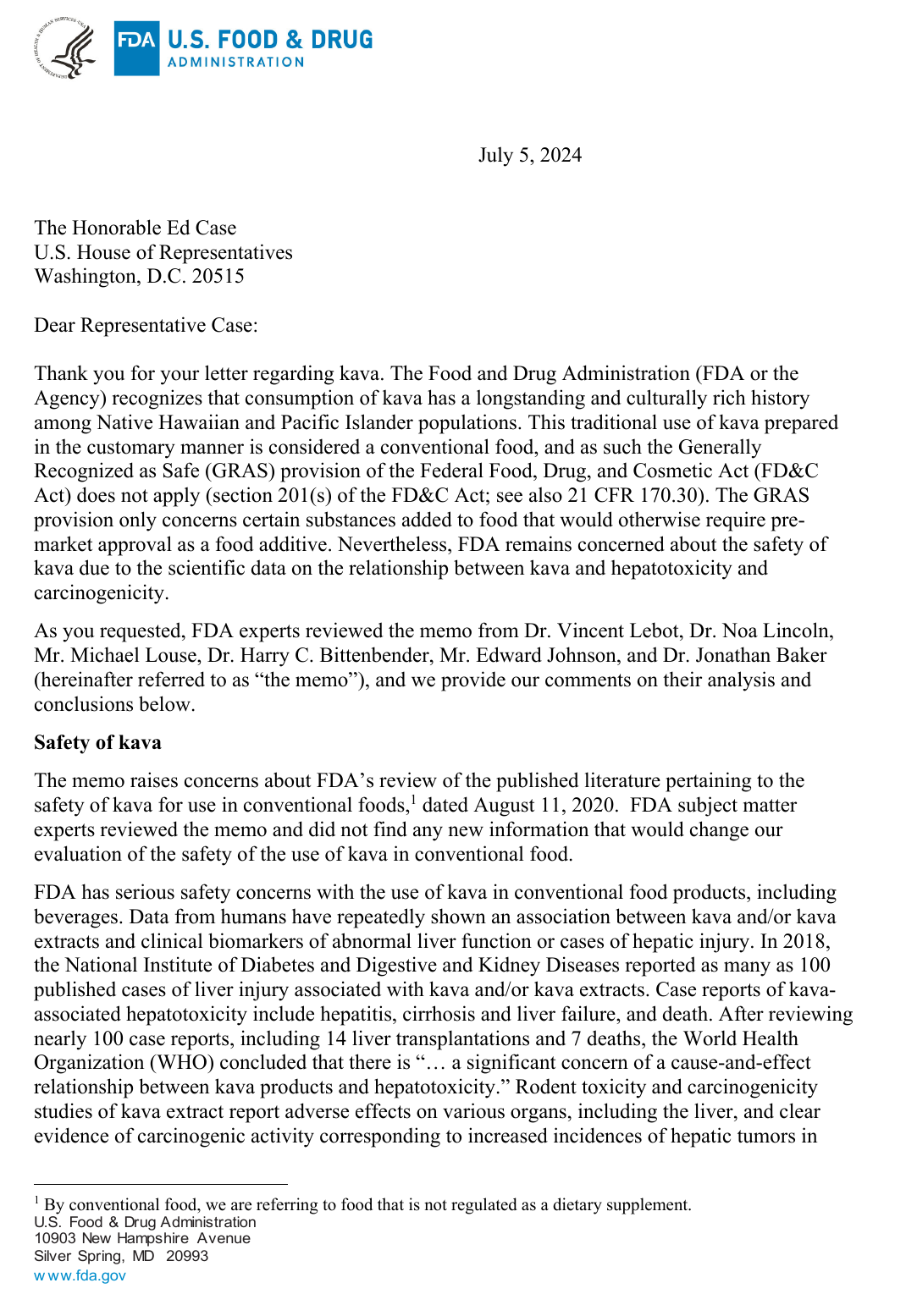 Page one of the FDA's three-page letter to Representative Ed Case dated July 5, 2024, on FDA letterhead.