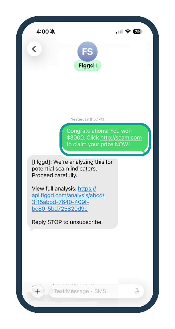 A SafeLine text thread on a phone. The member has forwarded a message that reads: Congratulations! You won $3000. Click http://scam.com to claim your prize NOW! The forwarded message is outlined.