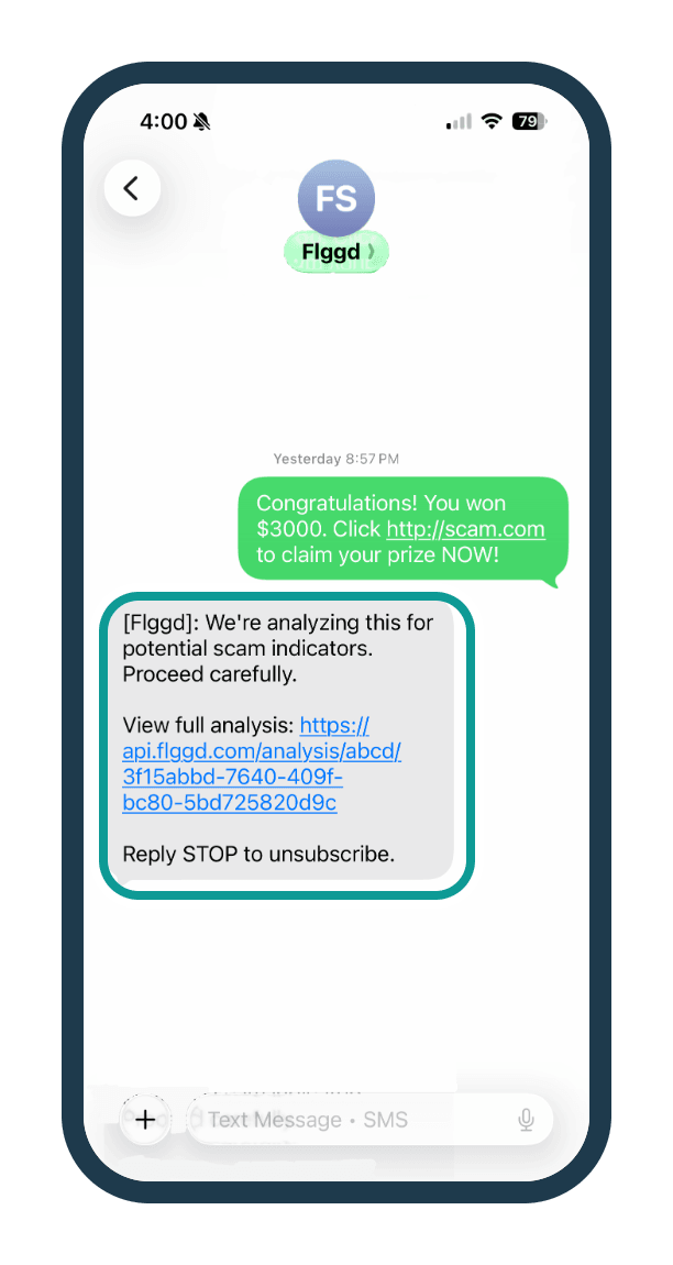 The same thread. SafeLine's reply is outlined: We're analyzing this for potential scam indicators. Proceed carefully. View full analysis, followed by a link.