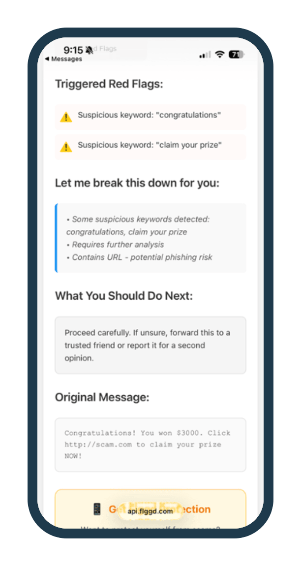 SafeLine's analysis page on a phone. Triggered red flags: suspicious keyword "congratulations" and suspicious keyword "claim your prize". Below, the breakdown and the advice: proceed carefully, and if unsure forward it to a trusted friend or report it.