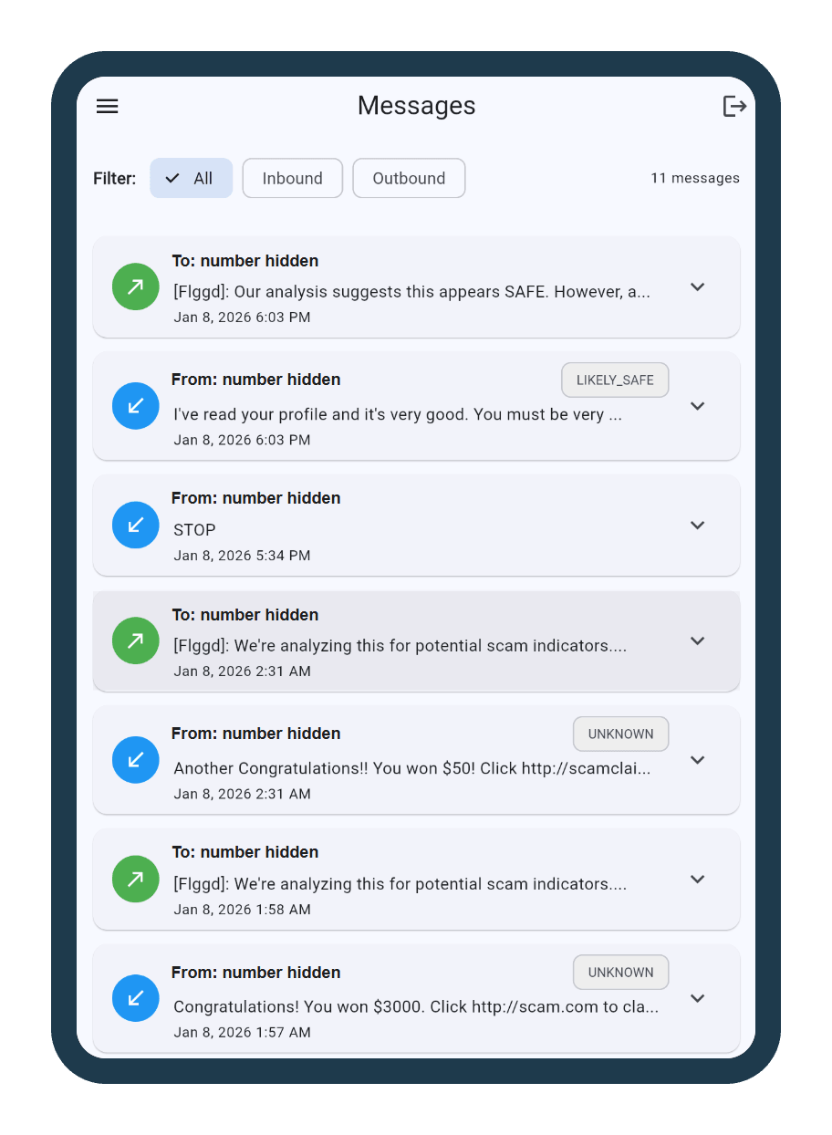 The bank's SafeLine portal on a tablet, Messages view, showing 11 messages: each message a member sent in, with its verdict label, and each reply SafeLine sent back. Members' phone numbers are hidden.