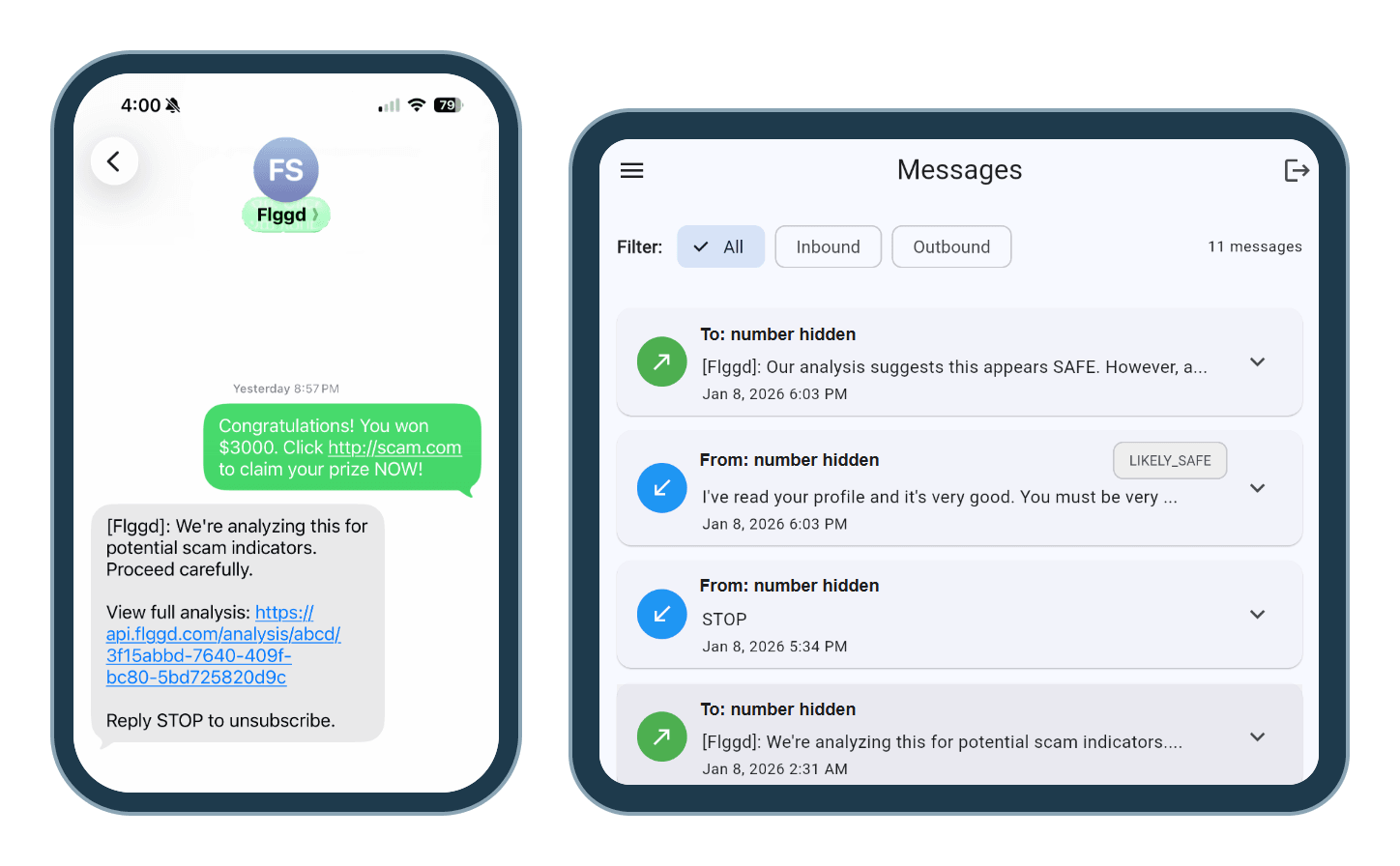SafeLine on a phone and in the bank's portal. On the phone, a member has forwarded a prize text to SafeLine and the reply says it is being analysed and to proceed carefully, with a link to the full analysis. In the portal, the Messages view lists each message and SafeLine's replies, with members' numbers hidden.