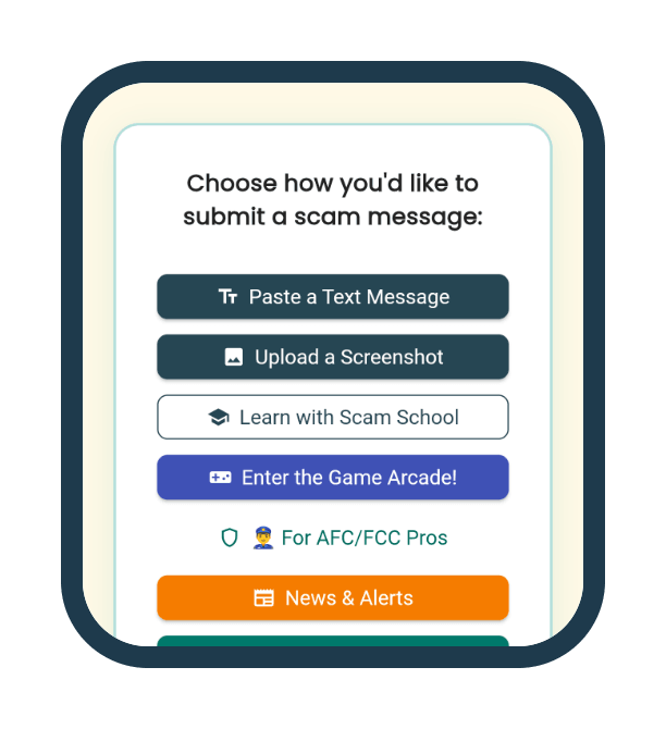 The Flggd app's home screen on a phone: Choose how you'd like to submit a scam message, with buttons for Paste a Text Message and Upload a Screenshot.