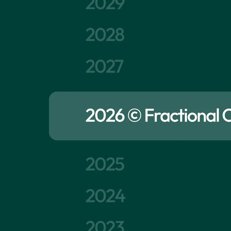 A vertical list of years from 2023 to 2029 with a highlighted box around 2026 containing the text '2026 © Fractional C'.