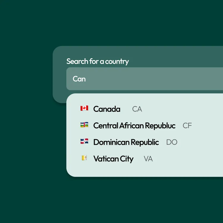 Search interface showing a dropdown with country options starting with 'Can,' including Canada (CA), Central African Republic (CF), Dominican Republic (DO), and Vatican City (VA), each with their respective flags.