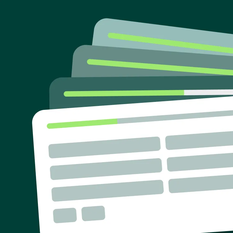 Abstract illustration of four overlapping rectangular cards with green progress bars at top, symbolizing step-by-step progress or multi-step process.
