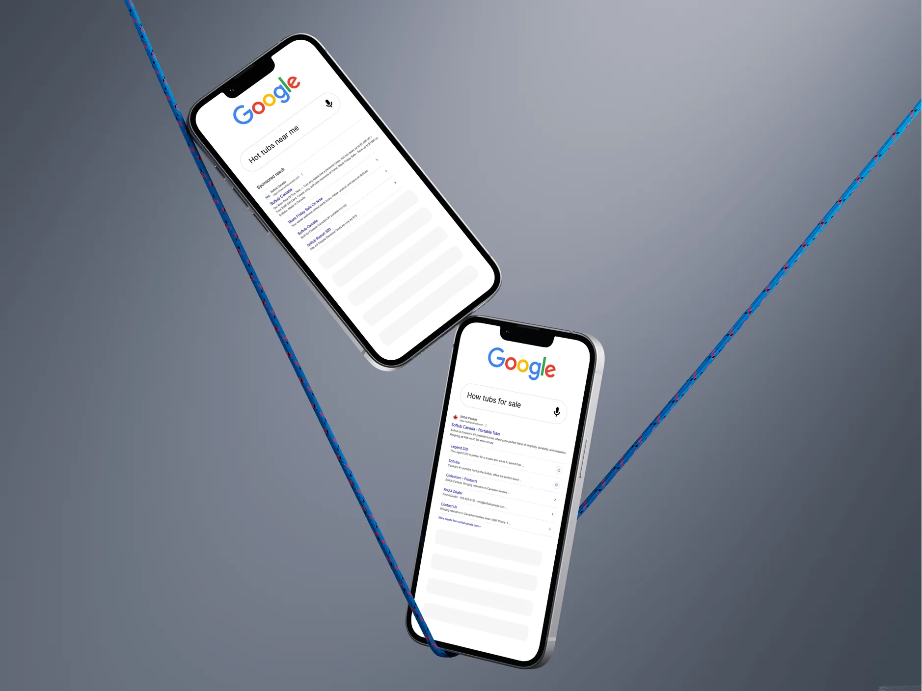 Two smartphones hanging on blue ropes against a gray background display Google search results; one screen shows a search for 'Hot tubs near me' with sponsored results, and the other shows a search for 'How tubs for sale' with related links and product listings.