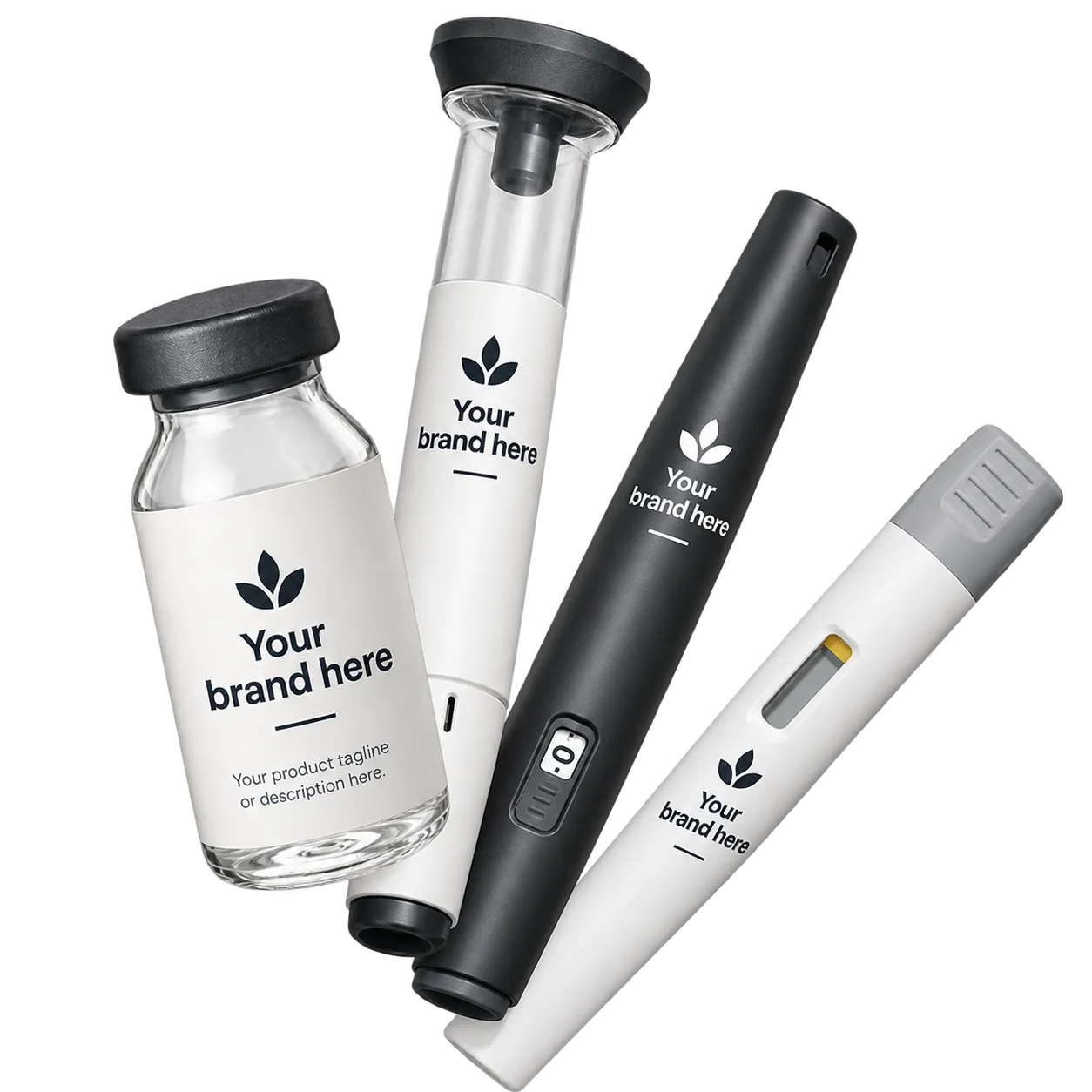 Four medical devices including a small clear vial with a black cap and three pen-like instruments in black and white, each labeled with a placeholder logo and the text 'Your brand here.'