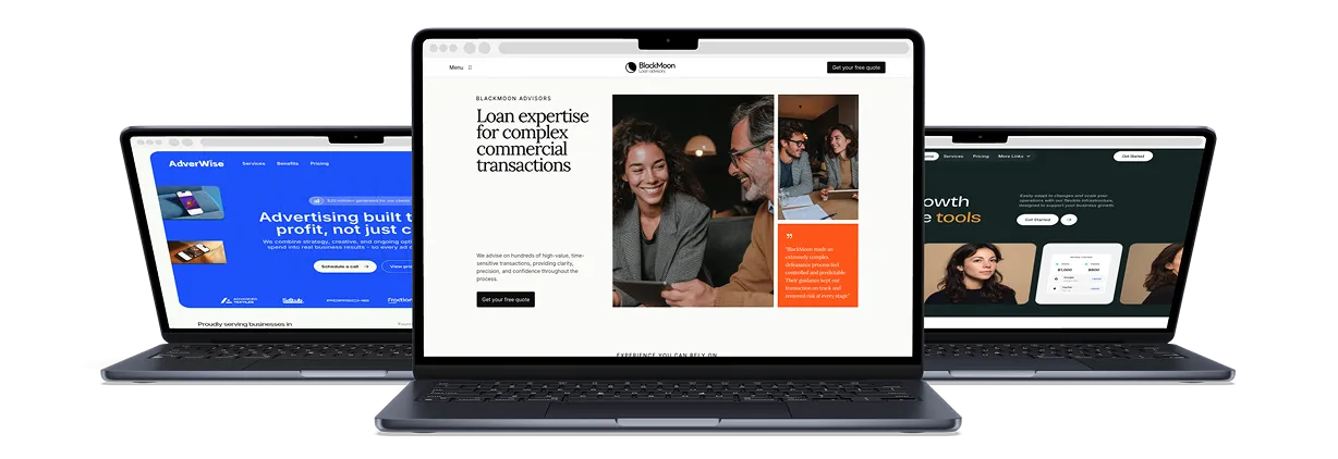 Three laptops showing different business-related website homepages. The center laptop displays a site about loan expertise for complex commercial transactions with an image of two people in discussion. The left laptop shows an advertising service site with a blue background, and the right laptop shows a growth tools site featuring a woman and interface screenshots on a dark background.