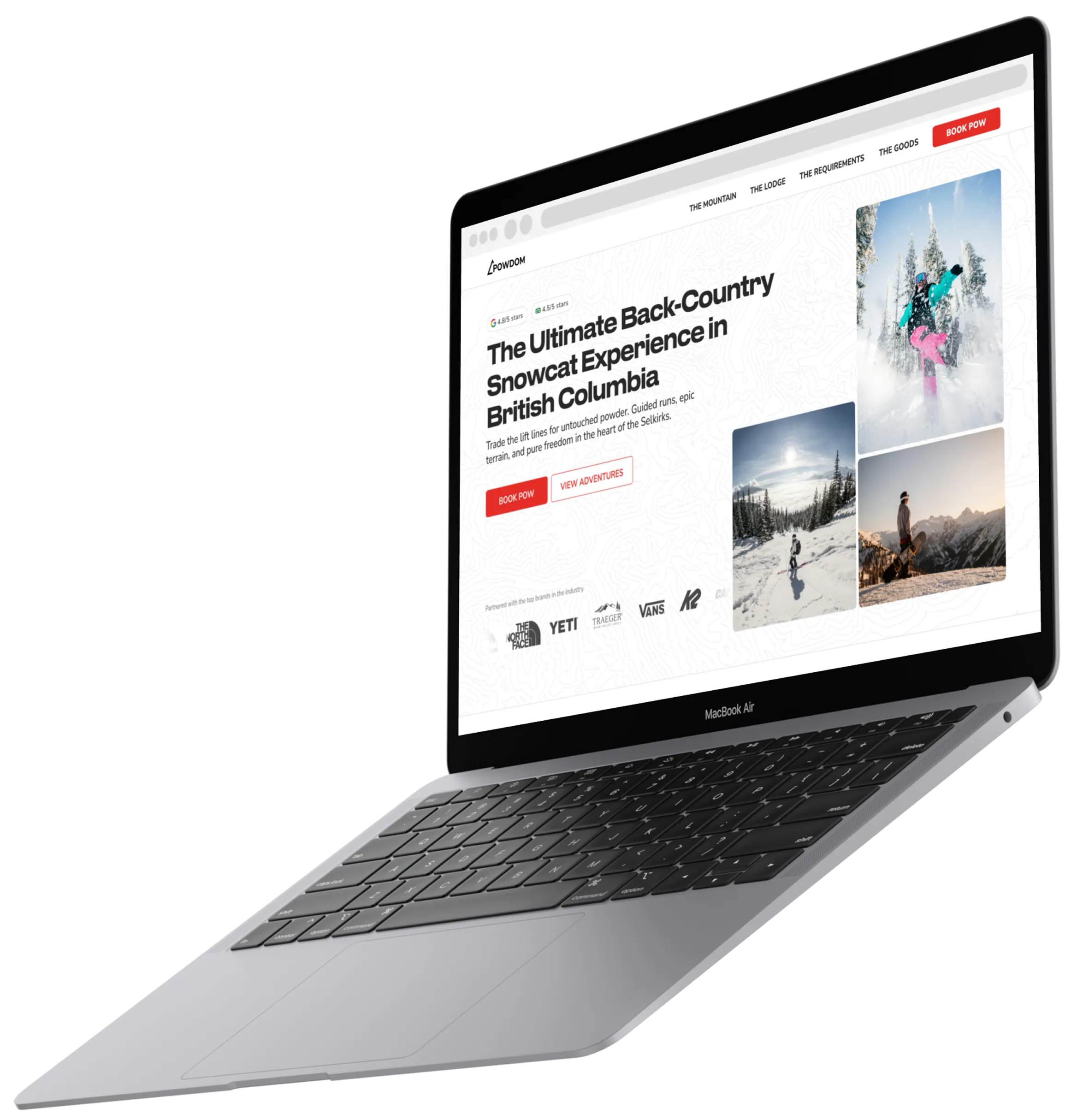 Silver MacBook Air laptop showing a webpage for back-country snowcat experience in British Columbia with images of snowy mountains and skiers, star ratings, and call-to-action buttons for booking and viewing adventures.