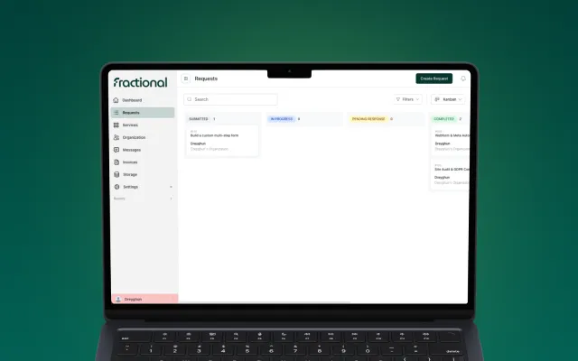 Laptop screen displaying the Fractional app interface with a sidebar menu and a Requests Kanban board showing columns for In Progress, Pending Review, and Complete tasks.