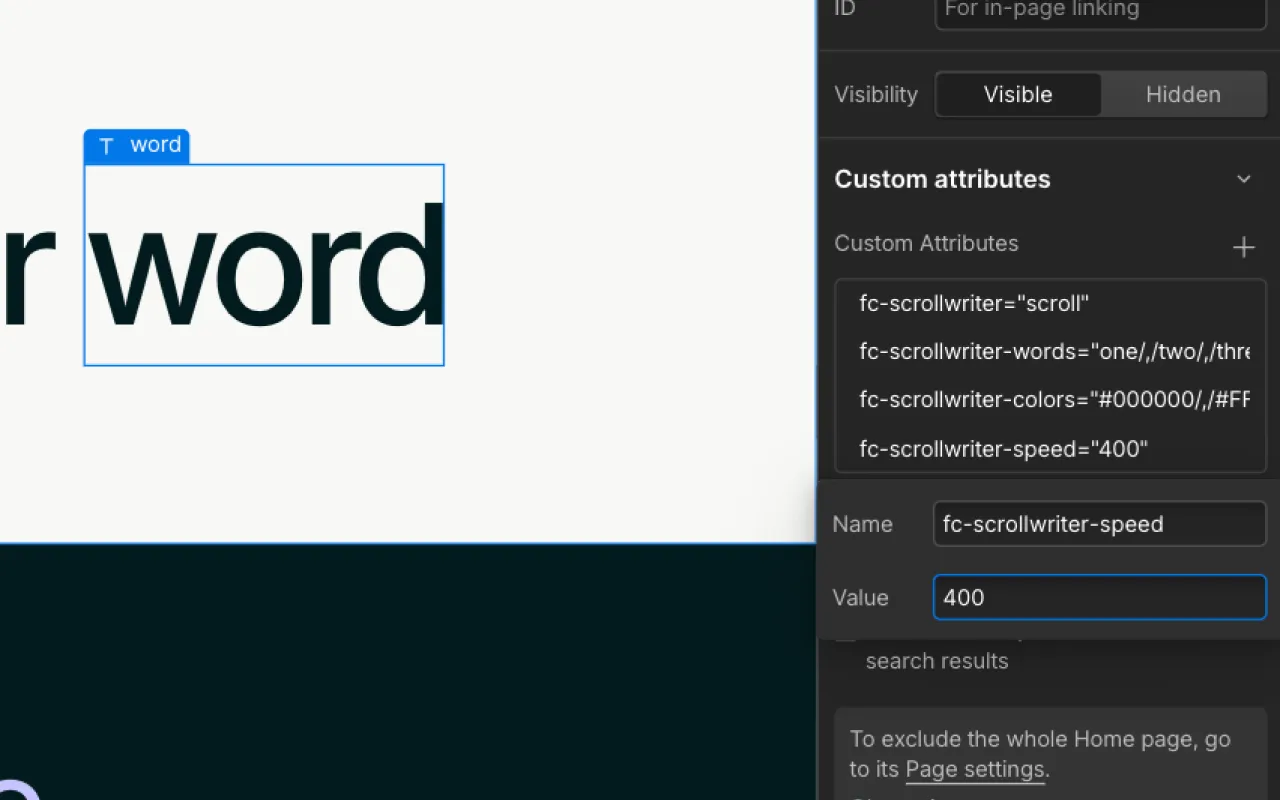 Screenshot of a text box with the word 'word' selected and a panel showing custom attributes settings, including scrollwriter speed set to 400.