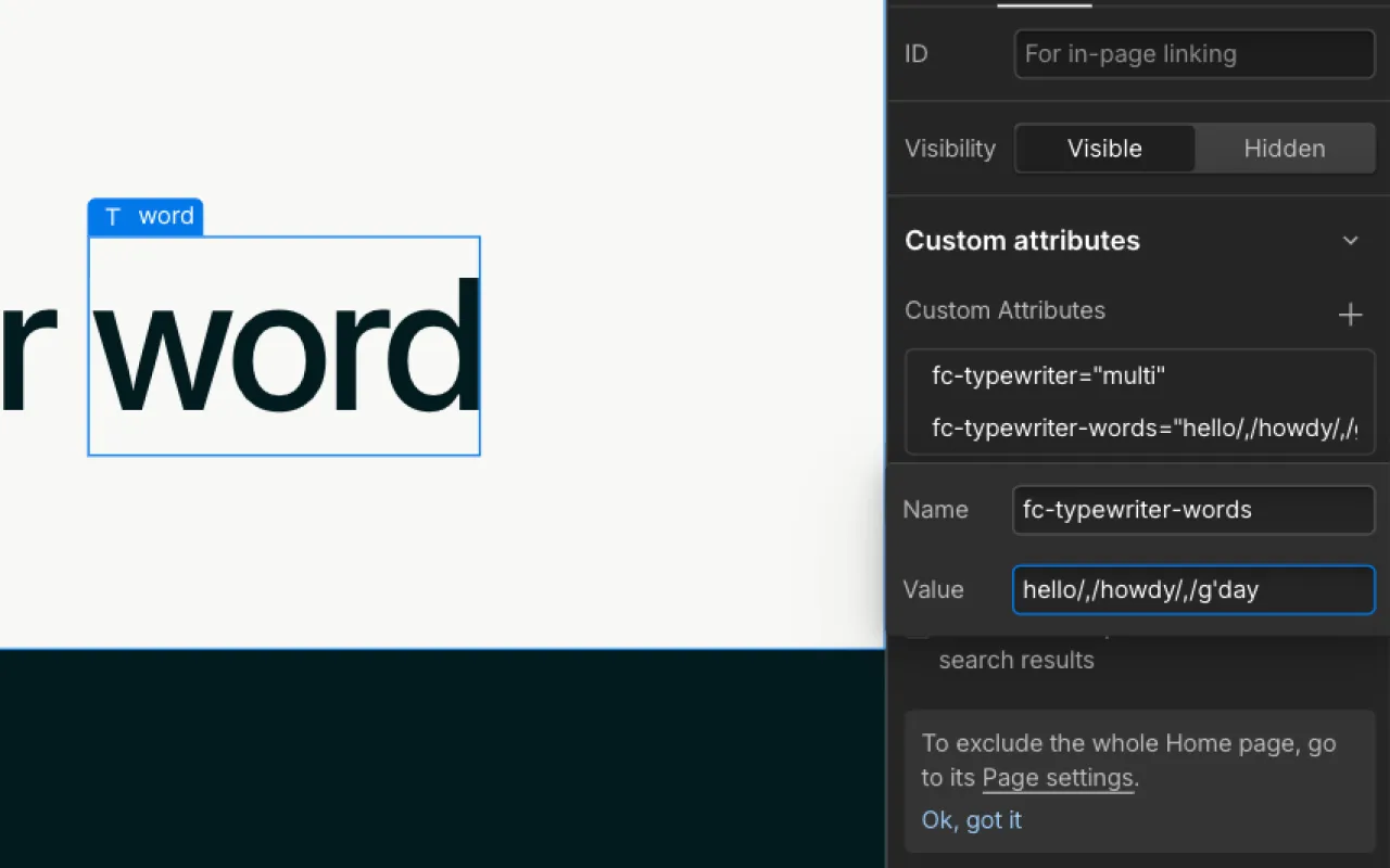 Screenshot of a text box with the word 'word' highlighted on the left and a panel on the right showing custom attributes including fc-typewriter-words with values hello, howdy, g'day.