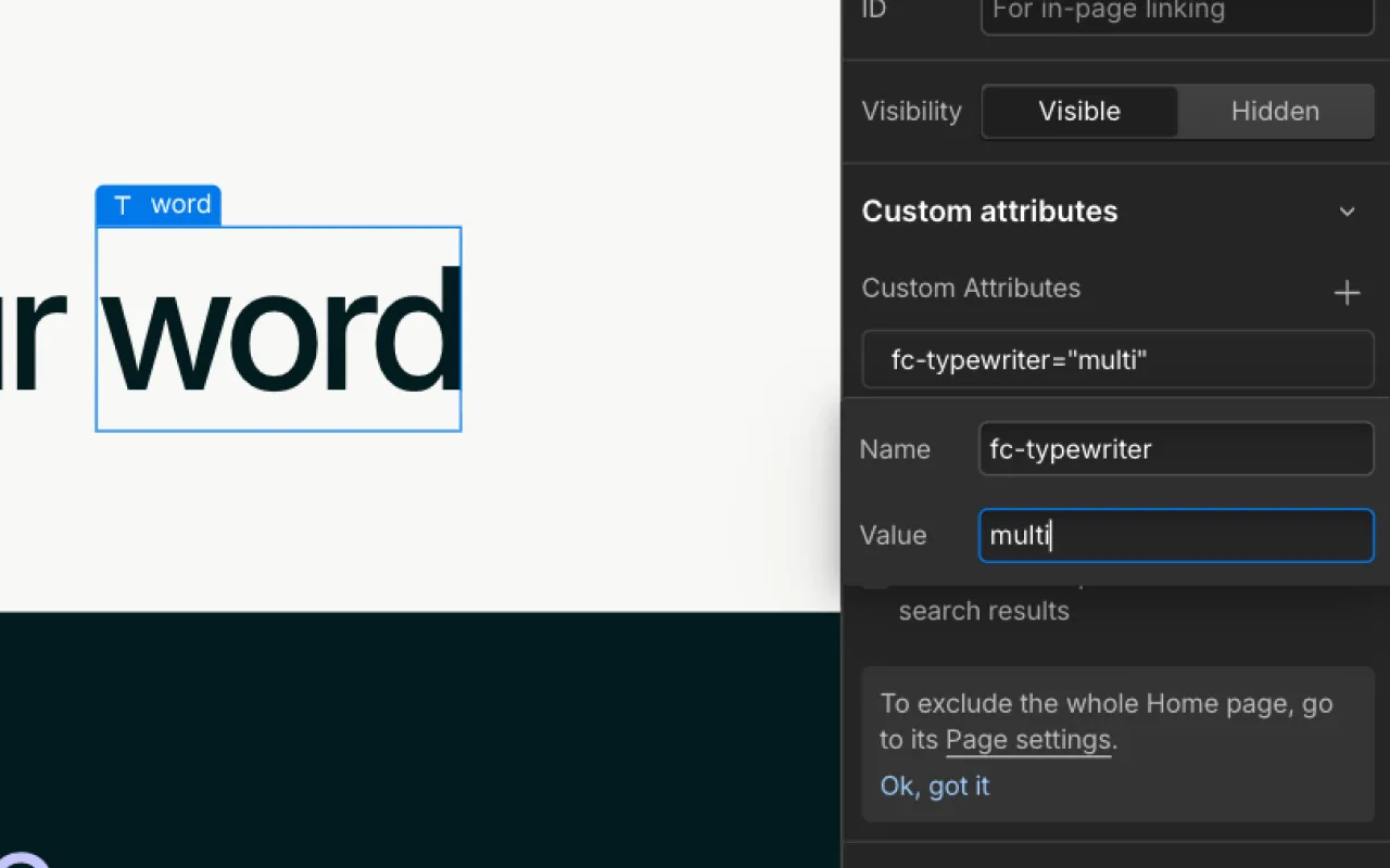 A span highlight showing the custom attribute "fc-typewriter" with a value of "multi". 