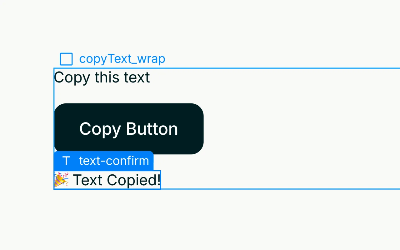 UI with a checkbox labeled copyText_wrap, text saying Copy this text, a dark button labeled Copy Button, and a confirmation message with a party emoji saying Text Copied!