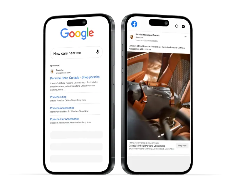 Two smartphones displaying ads for Porsche Shop Canada: the left phone shows a Google search for 'New cars near me' with Porsche sponsored links, and the right phone shows a Facebook ad featuring a Porsche-branded bag inside a car.