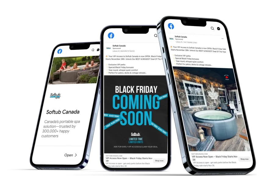 Three smartphones displaying Softub Canada Facebook ads: left phone shows a family enjoying a portable spa outdoors with text about Softub Canada; center phone shows Black Friday coming soon announcement; right phone shows a hot tub on a porch with Black Friday sale details.