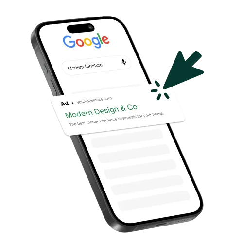 A smartphone displaying a Google search for "Modern furniture" with a highlighted ad from 'Modern Design & Co' promoting modern furniture essentials with a clicking hand cursor icon.