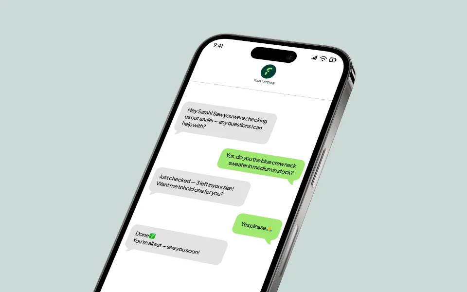 A text chat between a company and a client, with the client making an order via text