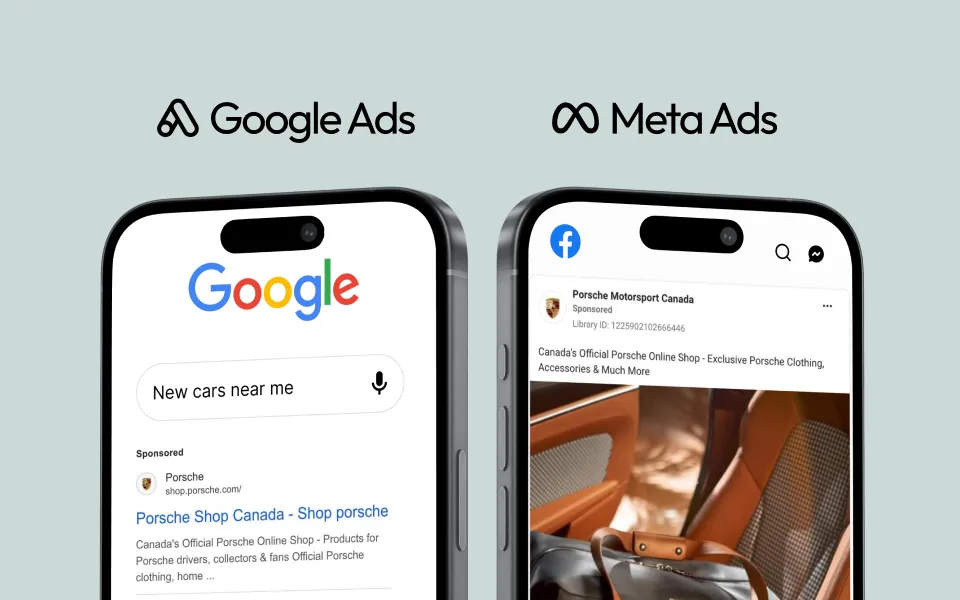 Two phones, one showing a google ad and another showing a meta ad on Facebook