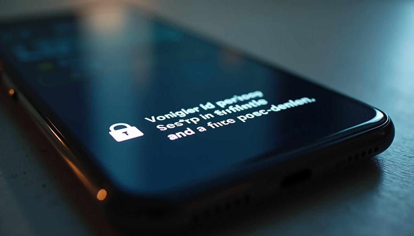 A smartphone lying on a table, its screen showing a padlock and a security alert
