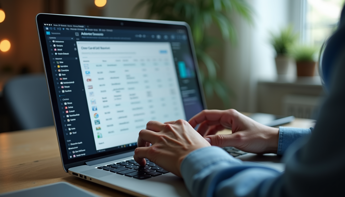 A person typing on a laptop showing a table of account records